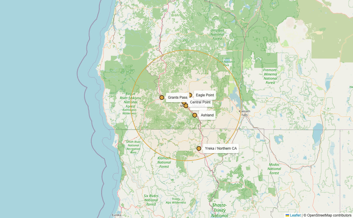 Map of Southern Oregon, Rogue Valley, Grants Pass, Medford, Ashland, and nearby Northern California